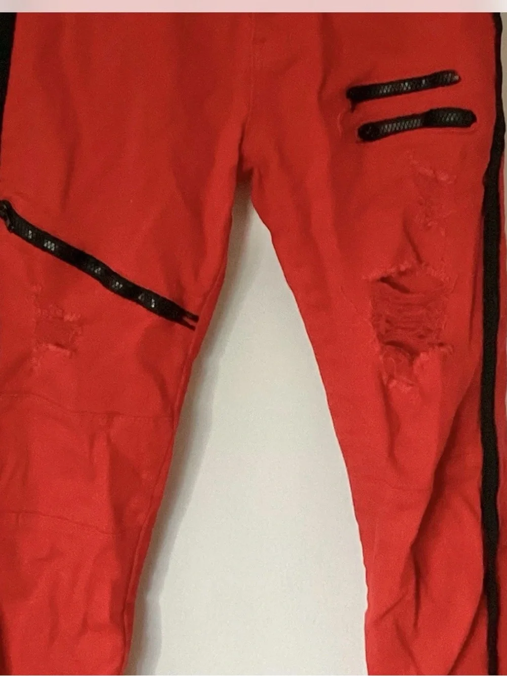 Men's Skinny Red Jeans with Black Side Stripe Zippers
